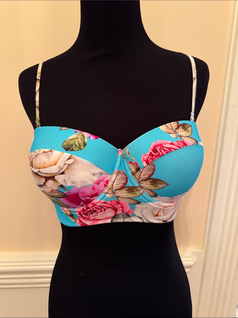 Floral Sculpted Bustier Bikini Top Blue Color with‎ Floral Print Size Medium